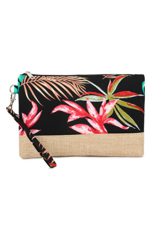 A2-6-5-HDG2266BK-1 BLACK TROPICAL PRINT WRISTLET COSMETIC POUCH/1PC