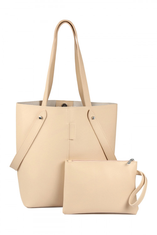 A3-1-5-HDG2530BG BEIGE LEATHER TOTE BAG WITH ZIPPER POUCH/1PC
