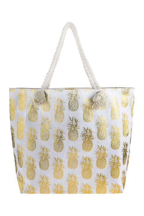 S3-5-1-HDG2695GD GOLD METALLIC PINEAPPLE PRINTED TOTE BAG/6PCS