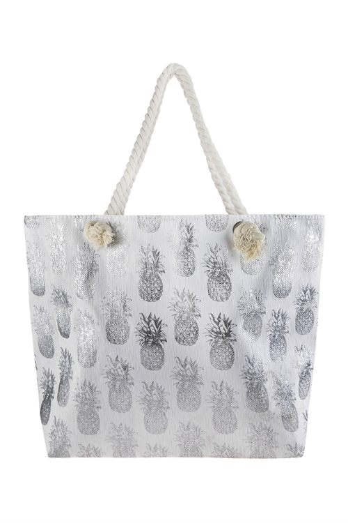 A3-2-5-HDG2695SL SILVER METALLIC PINEAPPLE PRINTED TOTE BAG/6PCS