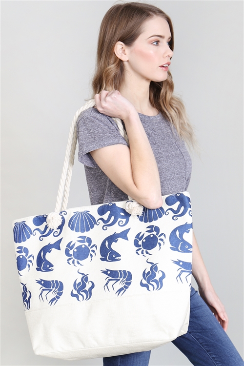 SA3-3-5-HDG2705WT WHITE SEA CREATURES PRINTED TOTE BAG/6PCS (NOW $3.00 ONLY!)