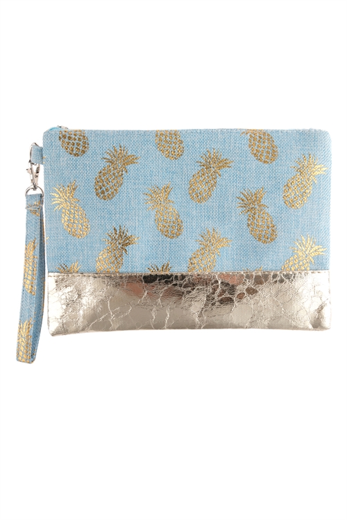 A3-3-1-HDG2715BL BLUE PINEAPPLE METALLIC PRINT WRISTLET BAG/6PCS