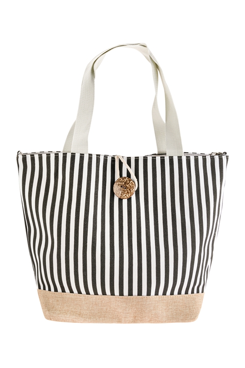 A1-3-1-HDG2722BK BLACK STRIPED TOTE BAG WITH COCONUT SHELL BUTTON TIE LOCK/6PCS