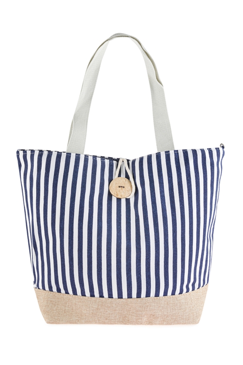 A3-1-1-HDG2722NV NAVY STRIPED TOTE BAG WITH COCONUT SHELL BUTTON TIE LOCK/6PCS