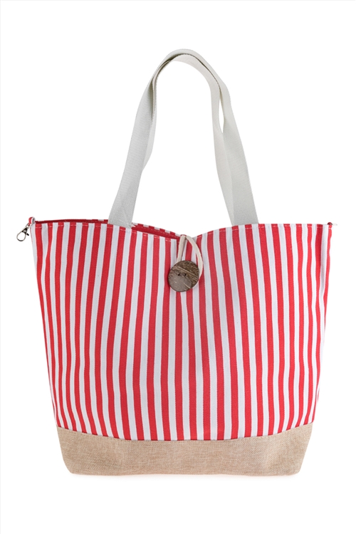 A2-3-1-HDG2722RD-1 RED STRIPED TOTE BAG WITH COCONUT SHELL BUTTON TIE LOCK/1PC