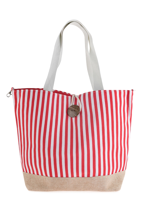 A2-3-1-HDG2722RD RED STRIPED TOTE BAG WITH COCONUT SHELL BUTTON TIE LOCK/6PCS