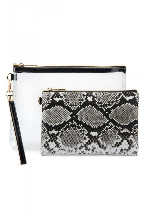 A1-3-4-HDG2734WT WHITE SNAKE SKIN COSMETICS POUCH WITH CLEAR WRISTLET POUCH SET/6SETS