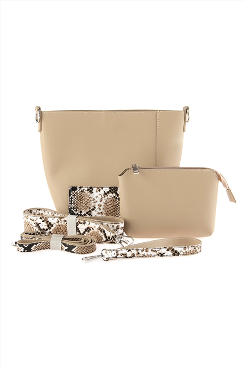 A2-3-1-HDG2735BE-1 BEIGE LEATHER SHOULDER BAG WITH SNAKE SKIN PRINTED DETACHABLE STRAP/1PC
