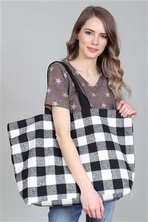 S17-3-2-HDG2823BK-1 BLACK PLAID TOTE BAG/1PC