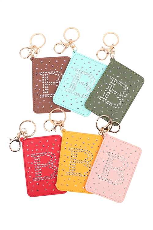 S24-7-2-HDG3398-B - LETTER "B" RHINESTONE CARD HOLDER TAG ASSORTED COLOR KEY CHAIN-MULTICOLOR/6PCS