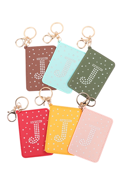 S23-11-4-HDG3398-J - LETTER "J" RHINESTONE CARD HOLDER TAG ASSORTED COLOR KEY CHAIN-MULTICOLOR/6PCS