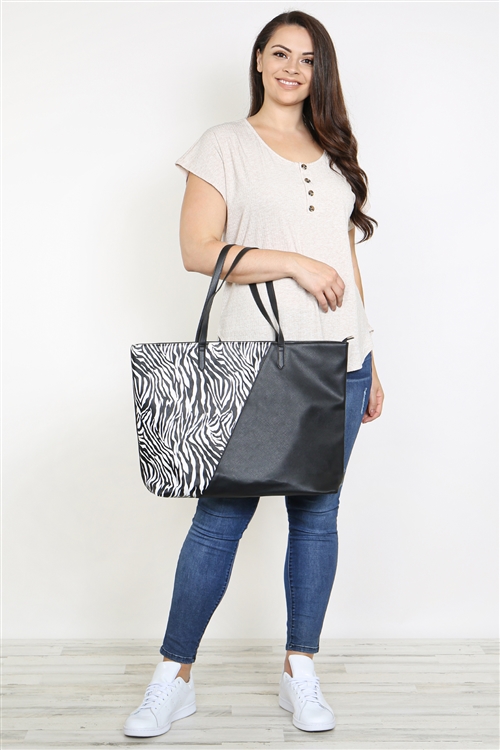 S21-8-2-HDG3402BK-TWO TONE ZEBRA PRINT TOTE BAG-BLACK/6PCS