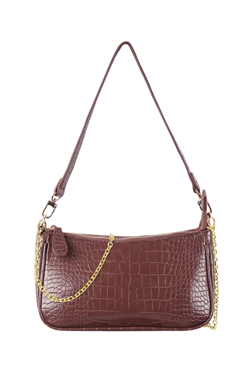 S23-8-4-HDG3444BR - CONVERTIBLE LEATHER CROCODILE TEXTURED SHOULDER BAG, SLING BAG, POUCH-BROWN/3PCS