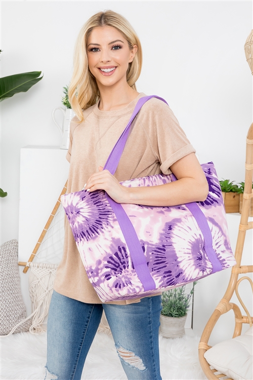 S24-2-1-HDG3619PU - TIE DYE FASHION TOTE BAG - PURPLE/6PCS