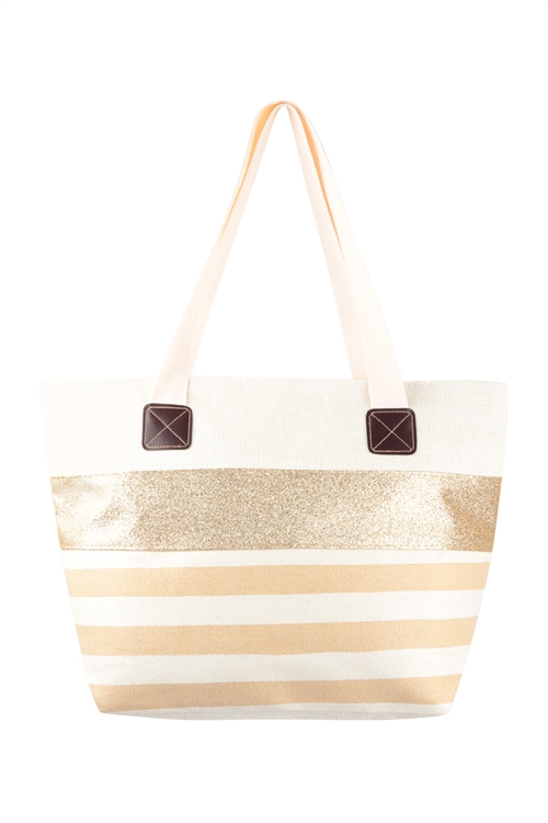 S25-3-5-HDG3620GD - STRIPE WOMEN FASHION TOTE BAG - GOLD/6PCS (NOW $3.00 ONLY!)