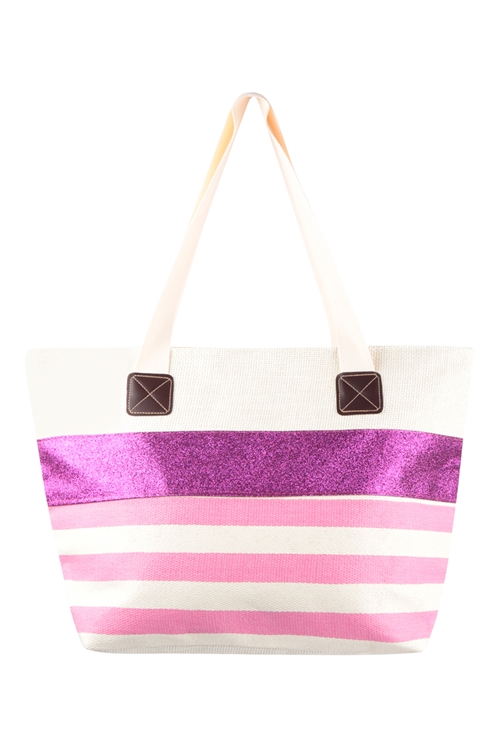 S1-3-5-HDG3620PK - STRIPE WOMEN FASHION TOTE BAG - PINK/6PCS (NOW $3.00 ONLY!)