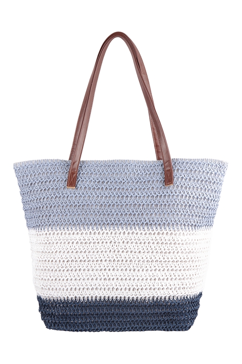 S28-9-1-HDG3621BL - THREE TONE CROCHET WOMENS FASHION TOTE BAG - BLUE /6PCS (NOW $4.00 ONLY!)