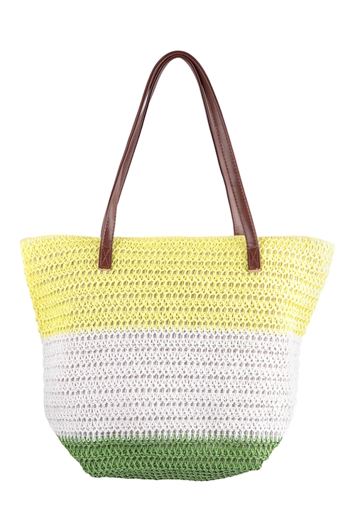 S26-5-2-HDG3621YW - THREE TONE CROCHET WOMENS FASHION TOTE BAG - YELLOW/6PCS (NOW $4.00 ONLY!)