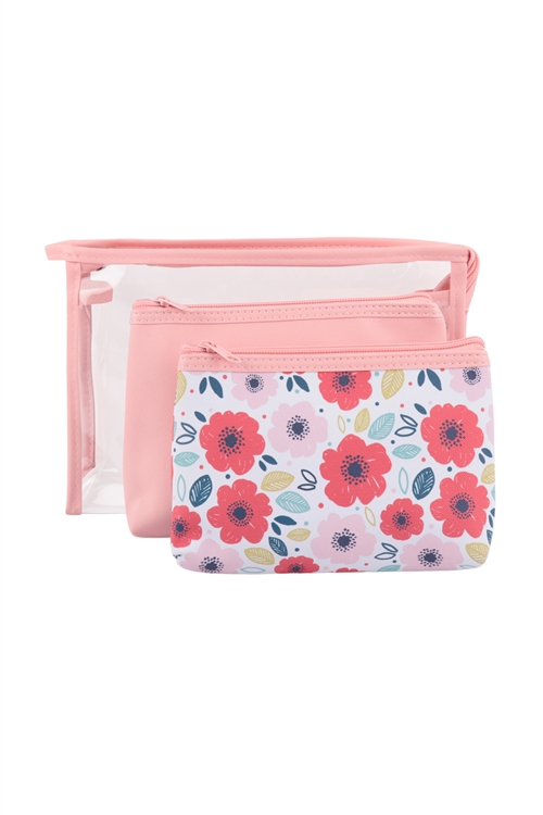 S24-5-2-HDG3678-1 -  3 SET CLEAR, SOLID COLOR, FLORAL PRINT POUCH COSMETIC BAG - PEACH/6PCS