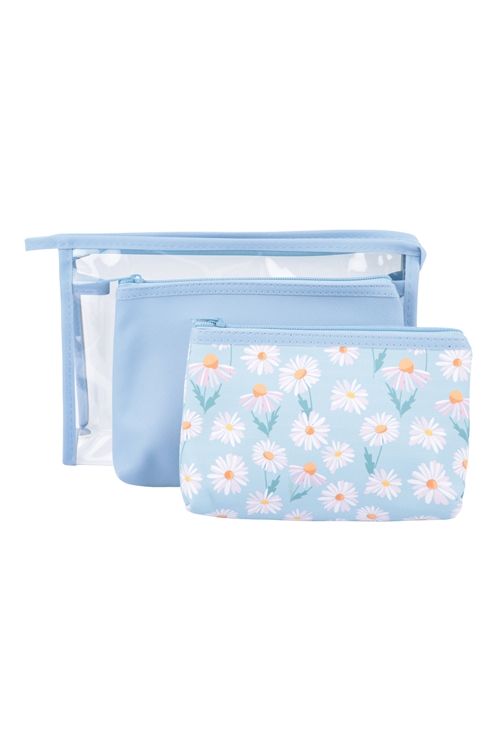 S22-7-2-HDG3678-2 -  3 SET CLEAR, SOLID COLOR, FLORAL PRINT POUCH COSMETIC BAG - BLUE/6PCS