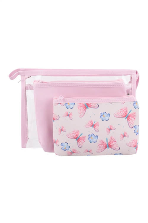 S22-7-2-HDG3678-3 -  3 SET CLEAR, SOLID COLOR, BUTTERFLY PRINT POUCH COSMETIC BAG - PINK/6PCS