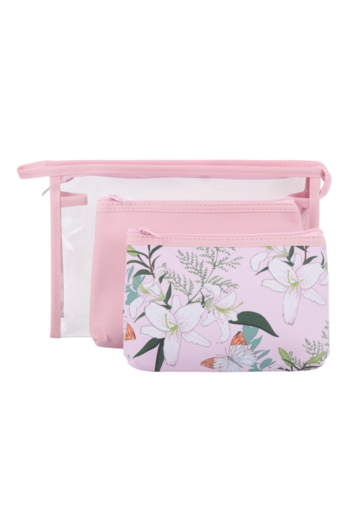 S24-5-2-HDG3678-4 -  3 SET CLEAR, SOLID COLOR, FLORAL PRINT POUCH COSMETIC BAG - LAVENDER PINK/6PCS