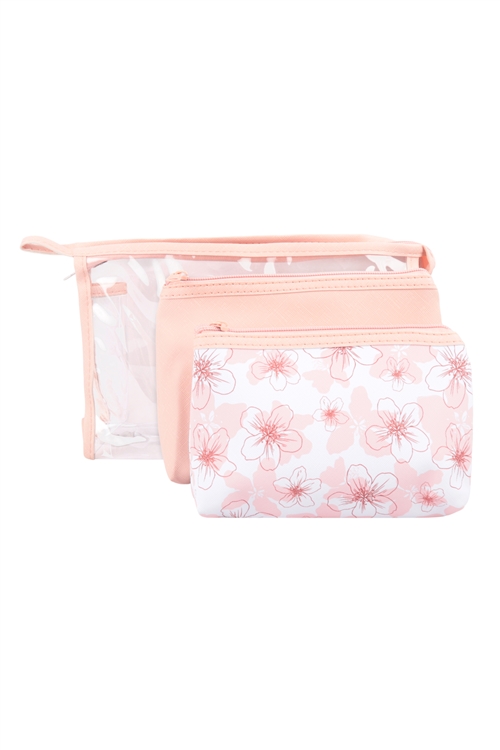 S5-3-1-HDG3678-5 -3 SET CLEAR, SOLID COLOR, FLORAL PRINT POUCH COSMETIC BAG - LIGHT BROWN/6PCS