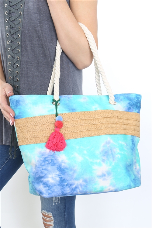 C-1-HDG3681BL - TIE DYE WITH TASSEL WOMENS FASHION TOTE BAG - BLUE/6PCS (NOW $ 4.00 ONLY!)