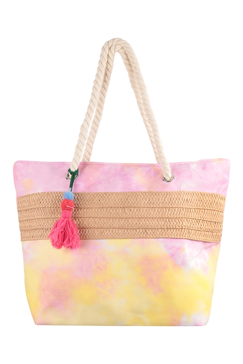 A2-1-1-HDG3681LPK - TIE DYE WITH TASSEL WOMENS FASHION TOTE BAG - LIGHT PINK/6PCS (NOW $ 4.00 ONLY!)