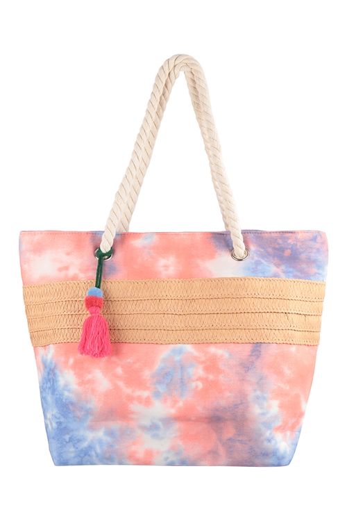 S29-8-2-HDG3681PK - TIE DYE WITH TASSEL WOMENS FASHION TOTE BAG - PINK/6PCS (NOW $ 4.00 ONLY!)