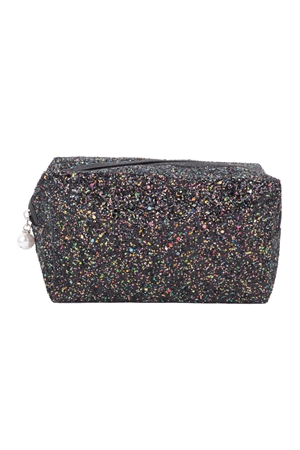 S21-1-1-HDG3811BK - GLITTER PEARL ZIPPER COSMETIC BAG-BLACK/6PCS