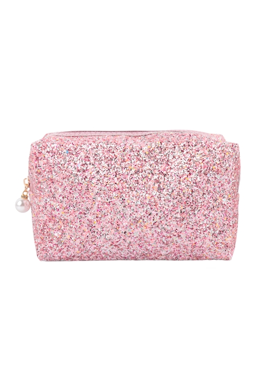 S23-7-5-HDG3811PK - GLITTER PEARL ZIPPER COSMETIC BAG-PINK/6PCS (NOW $2.50 ONLY!)