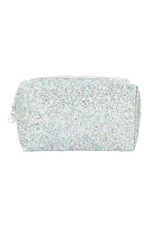 S20-7-5-HDG3811WT - GLITTER PEARL ZIPPER COSMETIC BAG-WHITE/6PCS (NOW $2.50 ONLY!)