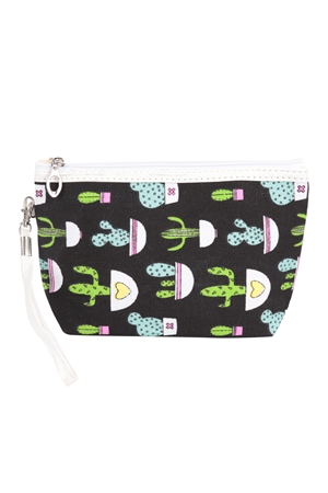 S8-1-1-HDG3812 - CACTUS PRINT COSMETIC POUCH BAG W/ WRISTLET-BLACK/6PCS (NOW $1.00 ONLY!)