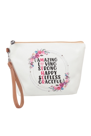 S28-7-2-HDG3827-11 - AMAZING, LOVING, STRONG, HAPPY  PRINT COSMETIC POUCH BAG W/ WRISTLET/6PCS