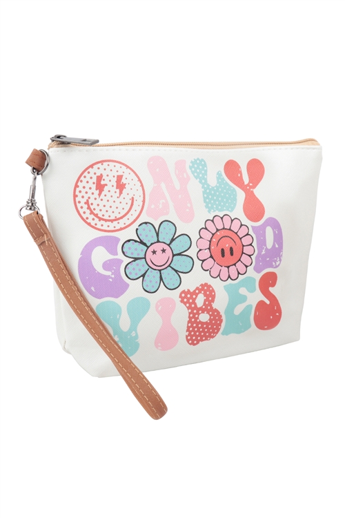 S27-4-1-HDG3827-18 - ONLY GOOD VIBES PRINT COSMETIC POUCH BAG W/ WRISTLET/6PCS