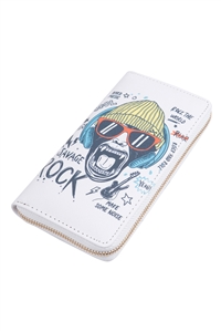 S22-5-2-HDG3864 - ROCK MONKEY PRINT LEATHER ZIPPER WALLET-WHITE/6PCS