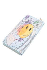 S24-2-2-HDG3865 - SMILE ABSTRACT PRINT LEATHER ZIPPER WALLET-LIGHT BLUE/6PCS