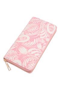 S17-5-2-HDG3868PK - TROPICAL LEAF PRINT LEATHER ZIPPER WALLET-PINK/6PCS