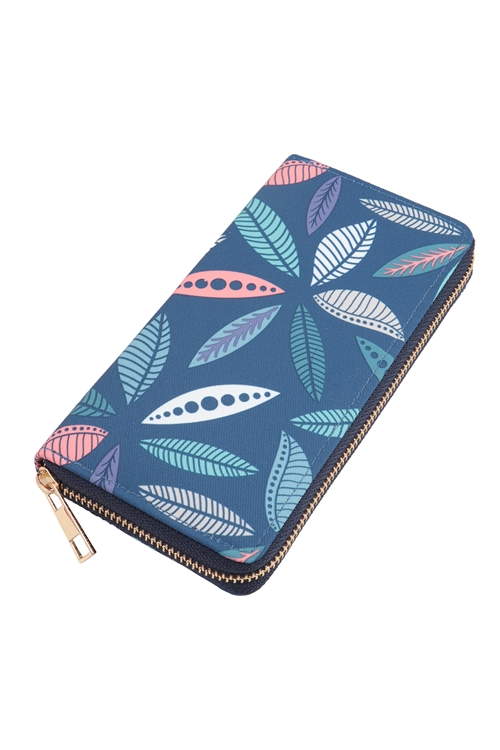 S17-9-3-HDG3869BL - LEAF PRINT LEATHER ZIPPER WALLET-BLUE/6PCS