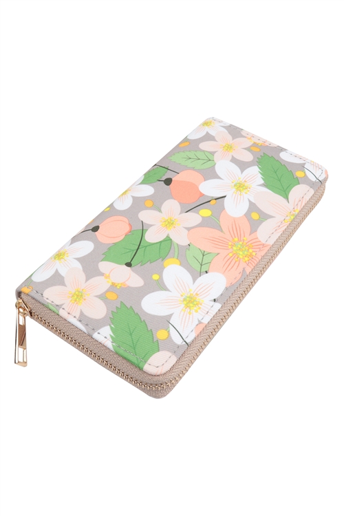 S17-8-3-HDG3870GY - FLOWER PRINT LEATHER ZIPPER WALLET-GRAY/6PCS