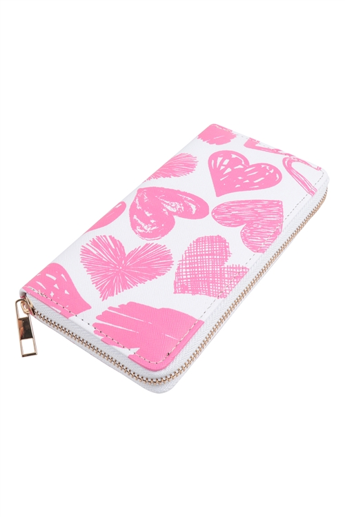 S25-3-1-HDG3874 - STAMP HEART PRINT LEATHER ZIPPER WALLET-WHITE/6PCS