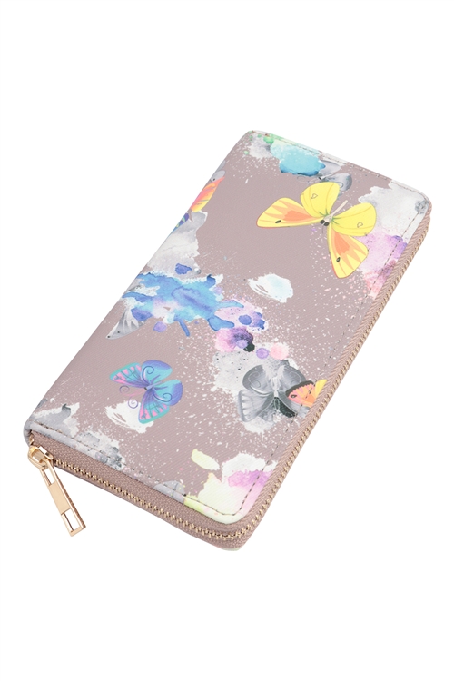 S21-1-1-HDG3876GY - BUTTERFLY PASTEL PRINT LEATHER ZIPPER WALLET-GRAY/6PCS