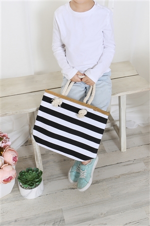 S17-3-1-HDG3912BK - KIDS STRIPED PRINT SUMMER TOTE BAG-BLACK/6PCS