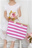 S17-3-3-HDG3912FS - KIDS STRIPED PRINT SUMMER TOTE BAG-FUCHSIA/6PCS