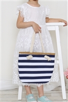 S18-3-4-HDG3912NV - KIDS STRIPED PRINT SUMMER TOTE BAG-NAVY/6PCS