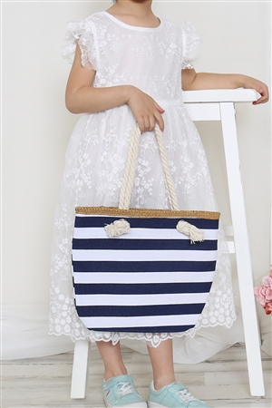 S18-3-4-HDG3912NV - KIDS STRIPED PRINT SUMMER TOTE BAG-NAVY/6PCS