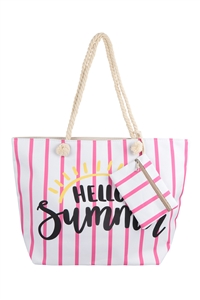 C1-HDG3927FS - HELLO SUMMER STRIPED TOTE BAG WITH MATCHING WALLET-FUCHSIA/6PCS (NOW $4.75 ONLY!)