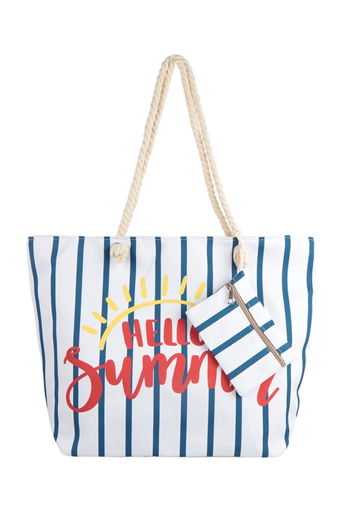 C1-HDG3927NV - HELLO SUMMER STRIPED TOTE BAG WITH MATCHING WALLET-NAVY/6PCS (NOW $4.75 ONLY!)