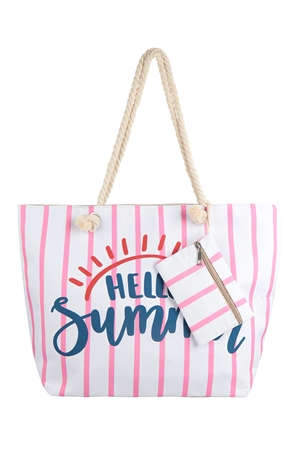 S4-3-1-HDG3927PK - HELLO SUMMER STRIPED TOTE BAG WITH MATCHING WALLET-PINK/6PCS (NOW $4.75 ONLY!)